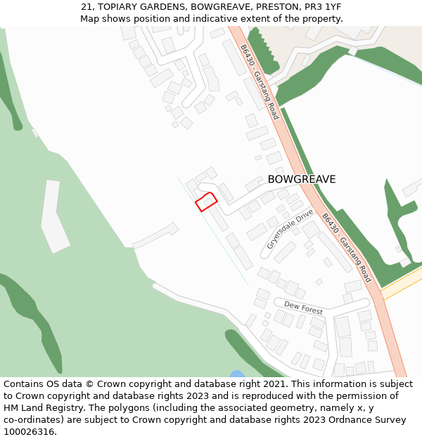 21, TOPIARY GARDENS, BOWGREAVE, PRESTON, PR3 1YF: Location map and indicative extent of plot