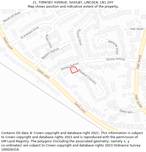 21, TORKSEY AVENUE, SAXILBY, LINCOLN, LN1 2HY: Location map and indicative extent of plot