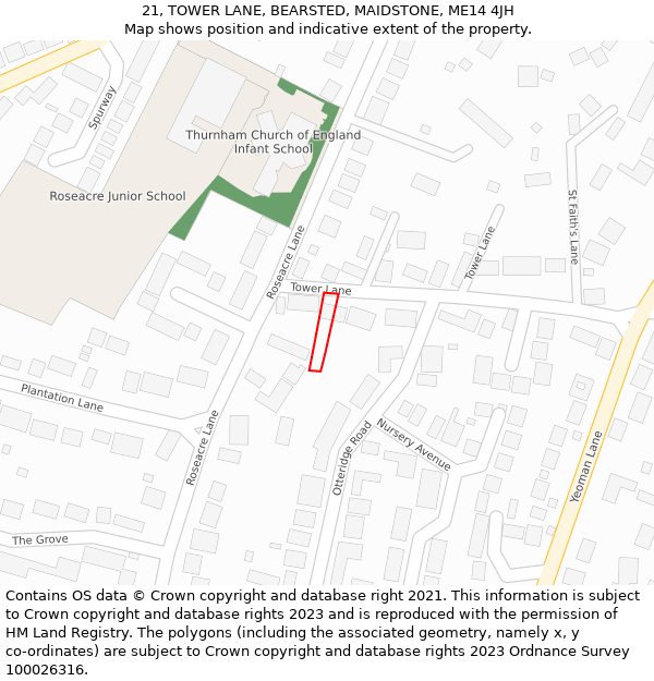 21, TOWER LANE, BEARSTED, MAIDSTONE, ME14 4JH: Location map and indicative extent of plot