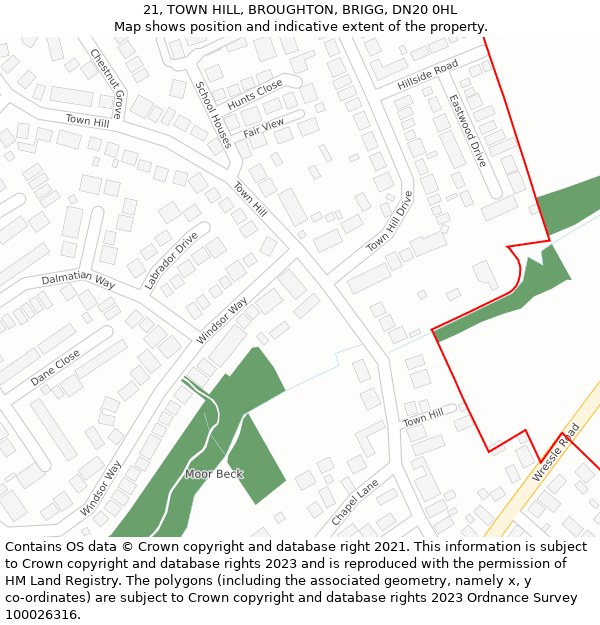 21, TOWN HILL, BROUGHTON, BRIGG, DN20 0HL: Location map and indicative extent of plot