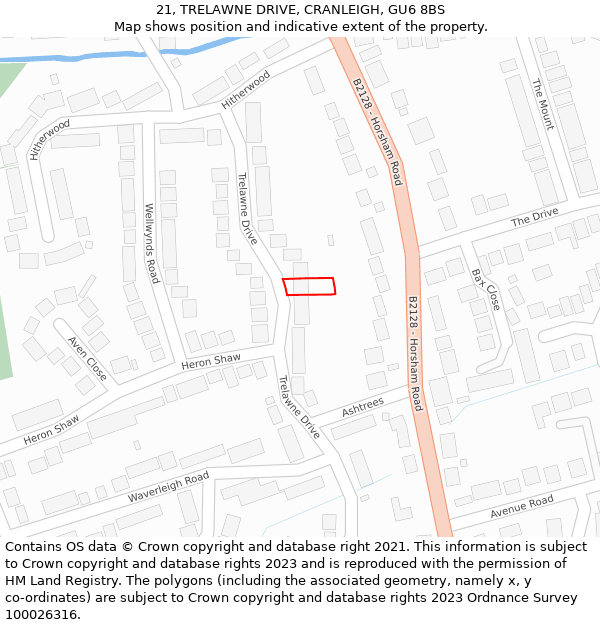 21, TRELAWNE DRIVE, CRANLEIGH, GU6 8BS: Location map and indicative extent of plot