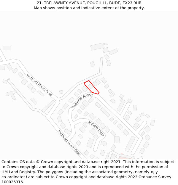 21, TRELAWNEY AVENUE, POUGHILL, BUDE, EX23 9HB: Location map and indicative extent of plot