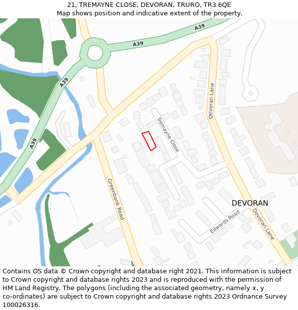 21, TREMAYNE CLOSE, DEVORAN, TRURO, TR3 6QE: Location map and indicative extent of plot