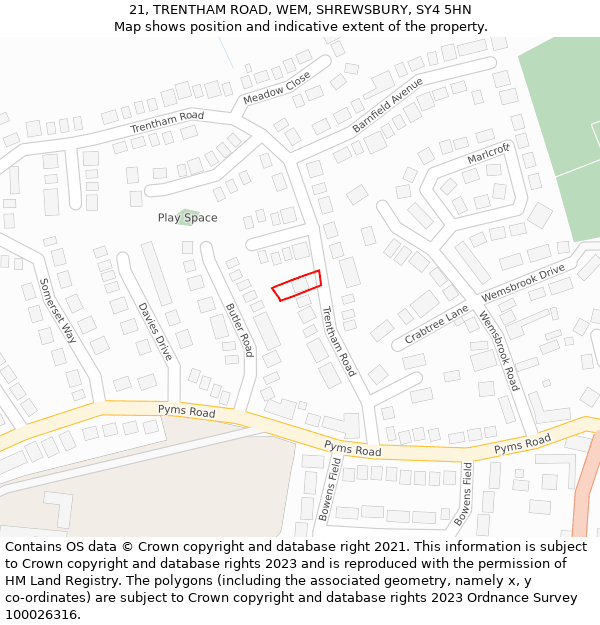 21, TRENTHAM ROAD, WEM, SHREWSBURY, SY4 5HN: Location map and indicative extent of plot