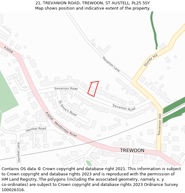 21, TREVANION ROAD, TREWOON, ST AUSTELL, PL25 5SY: Location map and indicative extent of plot