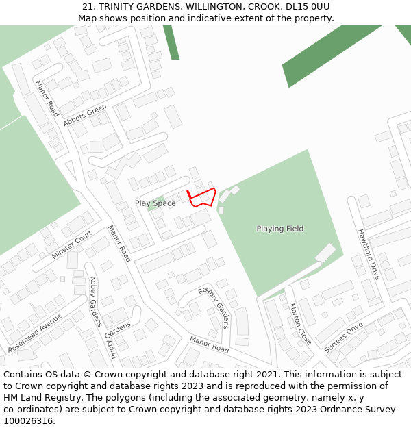 21, TRINITY GARDENS, WILLINGTON, CROOK, DL15 0UU: Location map and indicative extent of plot