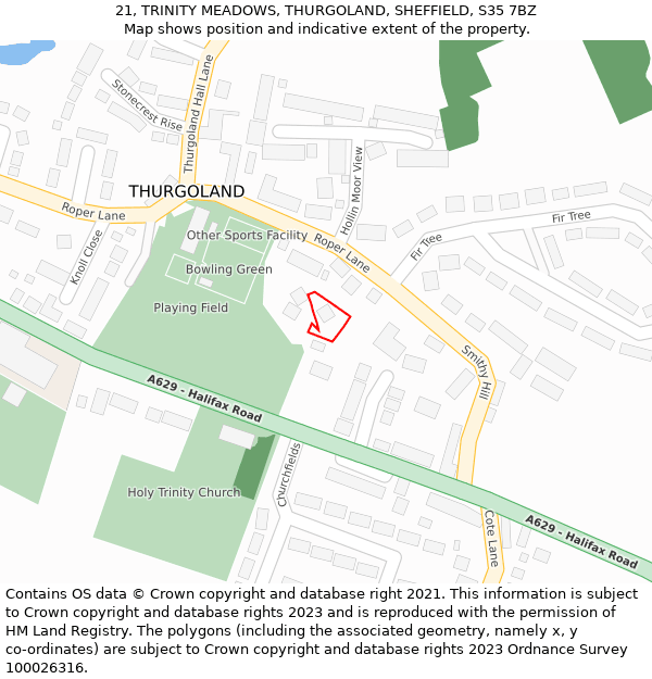 21, TRINITY MEADOWS, THURGOLAND, SHEFFIELD, S35 7BZ: Location map and indicative extent of plot