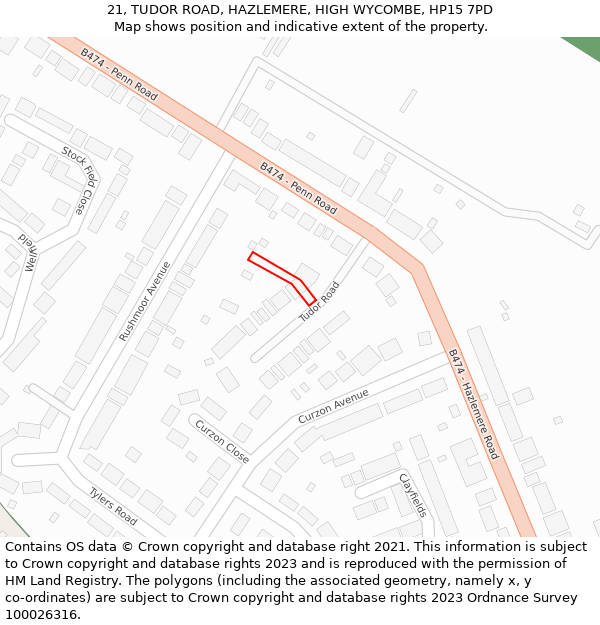 21, TUDOR ROAD, HAZLEMERE, HIGH WYCOMBE, HP15 7PD: Location map and indicative extent of plot