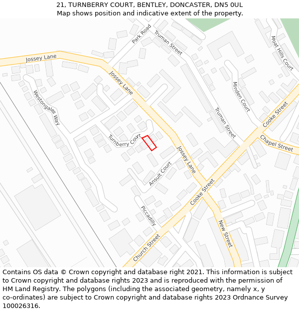 21, TURNBERRY COURT, BENTLEY, DONCASTER, DN5 0UL: Location map and indicative extent of plot
