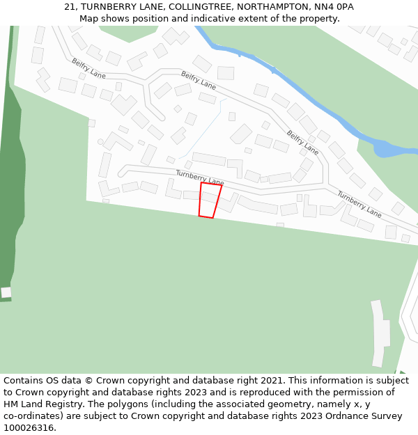 21, TURNBERRY LANE, COLLINGTREE, NORTHAMPTON, NN4 0PA: Location map and indicative extent of plot