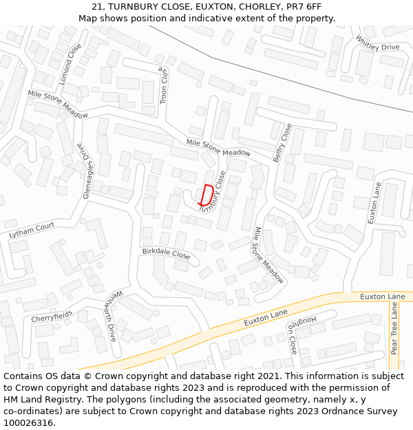 21, TURNBURY CLOSE, EUXTON, CHORLEY, PR7 6FF: Location map and indicative extent of plot