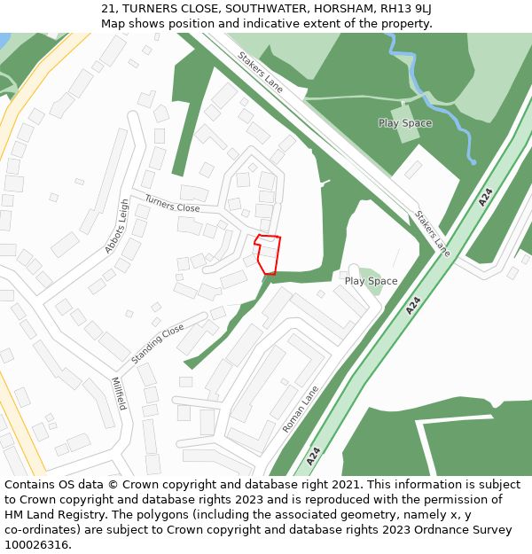 21, TURNERS CLOSE, SOUTHWATER, HORSHAM, RH13 9LJ: Location map and indicative extent of plot