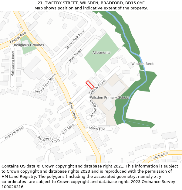 21, TWEEDY STREET, WILSDEN, BRADFORD, BD15 0AE: Location map and indicative extent of plot