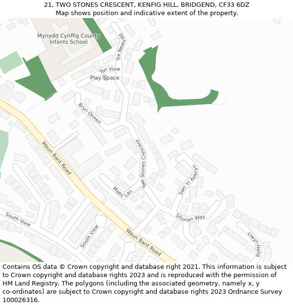 21, TWO STONES CRESCENT, KENFIG HILL, BRIDGEND, CF33 6DZ: Location map and indicative extent of plot