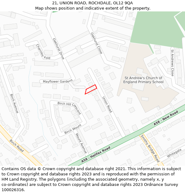 21, UNION ROAD, ROCHDALE, OL12 9QA: Location map and indicative extent of plot