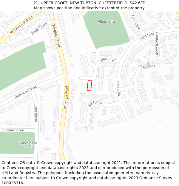 21, UPPER CROFT, NEW TUPTON, CHESTERFIELD, S42 6FD: Location map and indicative extent of plot