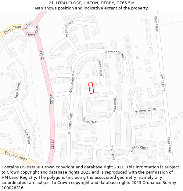 21, UTAH CLOSE, HILTON, DERBY, DE65 5JA: Location map and indicative extent of plot