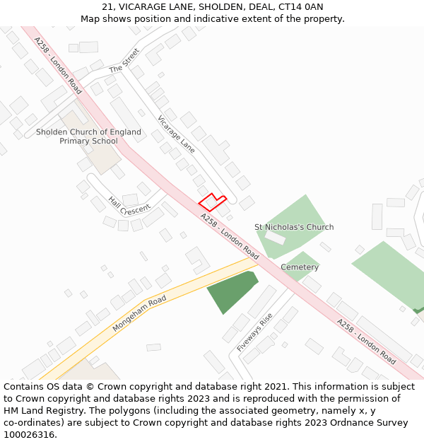 21, VICARAGE LANE, SHOLDEN, DEAL, CT14 0AN: Location map and indicative extent of plot