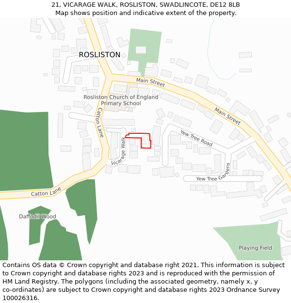 21, VICARAGE WALK, ROSLISTON, SWADLINCOTE, DE12 8LB: Location map and indicative extent of plot