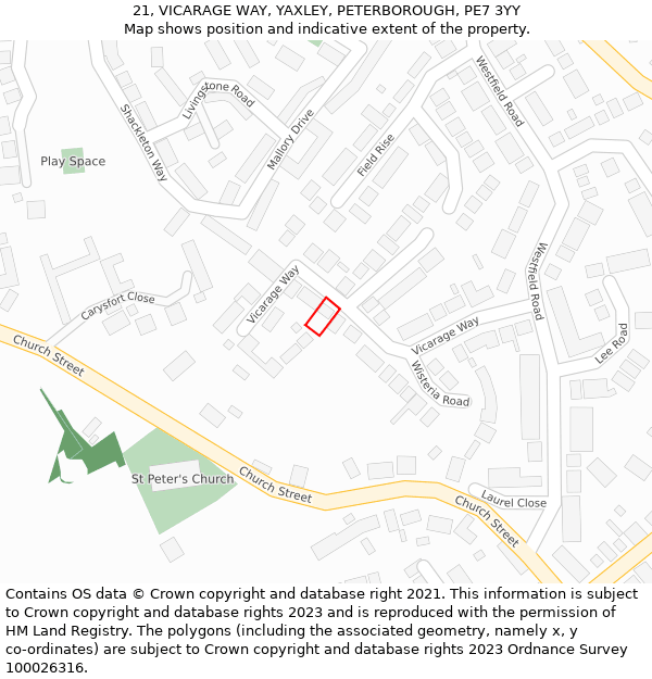 21, VICARAGE WAY, YAXLEY, PETERBOROUGH, PE7 3YY: Location map and indicative extent of plot