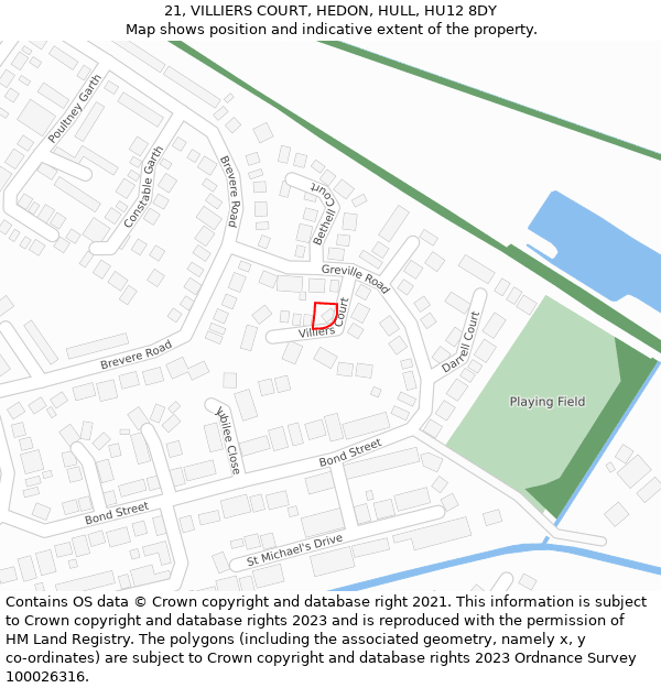 21, VILLIERS COURT, HEDON, HULL, HU12 8DY: Location map and indicative extent of plot