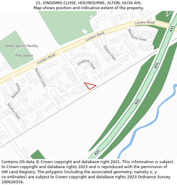 21, VINDOMIS CLOSE, HOLYBOURNE, ALTON, GU34 4HL: Location map and indicative extent of plot