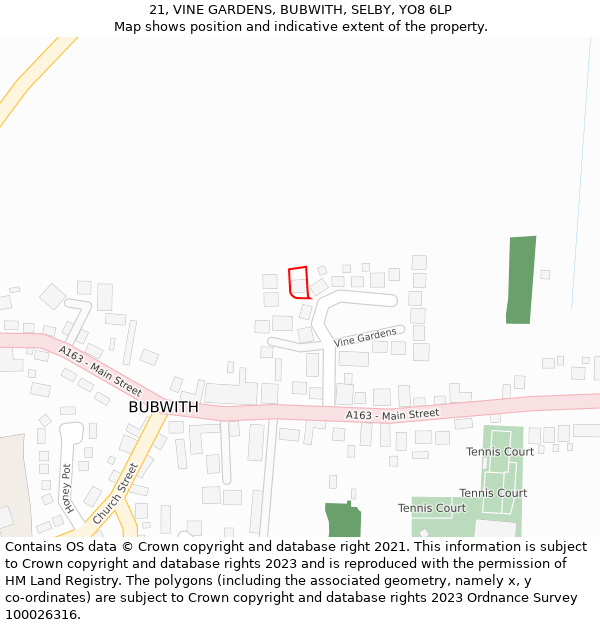 21, VINE GARDENS, BUBWITH, SELBY, YO8 6LP: Location map and indicative extent of plot