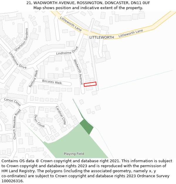 21, WADWORTH AVENUE, ROSSINGTON, DONCASTER, DN11 0UF: Location map and indicative extent of plot