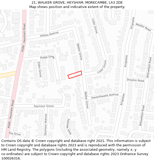 21, WALKER GROVE, HEYSHAM, MORECAMBE, LA3 2DE: Location map and indicative extent of plot