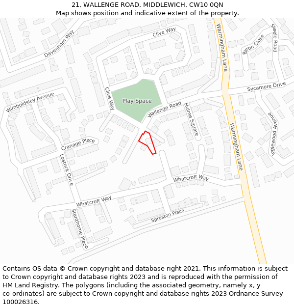 21, WALLENGE ROAD, MIDDLEWICH, CW10 0QN: Location map and indicative extent of plot