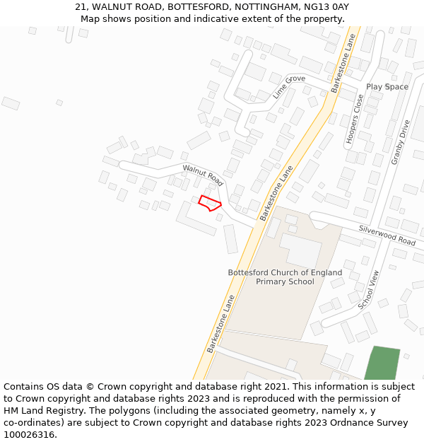21, WALNUT ROAD, BOTTESFORD, NOTTINGHAM, NG13 0AY: Location map and indicative extent of plot
