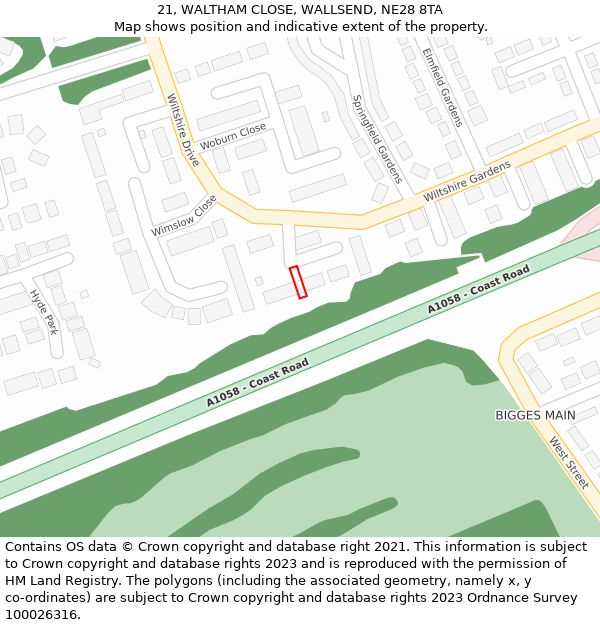 21, WALTHAM CLOSE, WALLSEND, NE28 8TA: Location map and indicative extent of plot