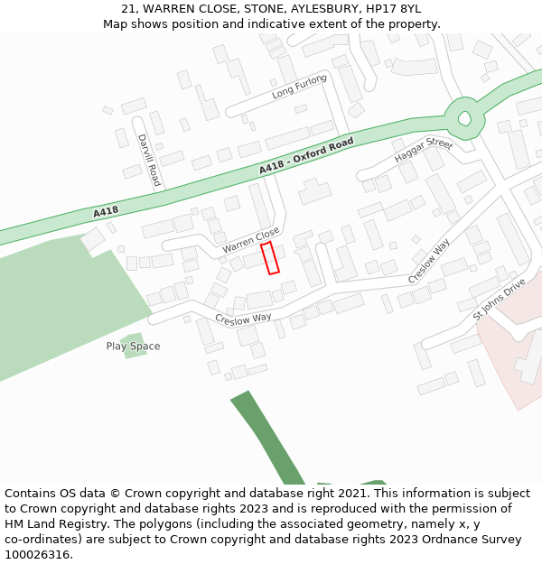 21, WARREN CLOSE, STONE, AYLESBURY, HP17 8YL: Location map and indicative extent of plot