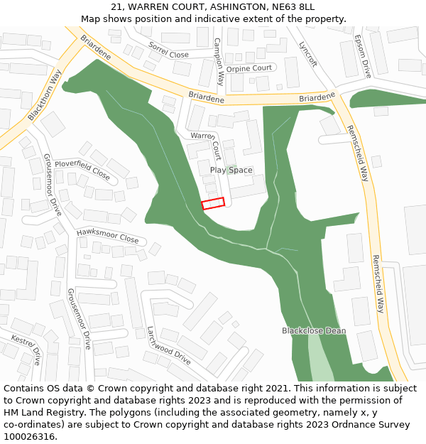 21, WARREN COURT, ASHINGTON, NE63 8LL: Location map and indicative extent of plot