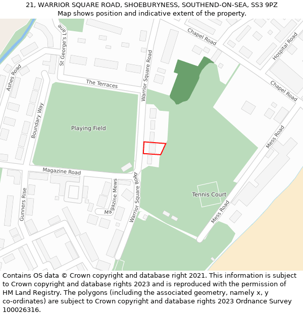 21, WARRIOR SQUARE ROAD, SHOEBURYNESS, SOUTHEND-ON-SEA, SS3 9PZ: Location map and indicative extent of plot