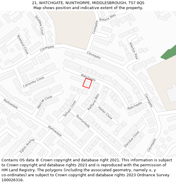 21, WATCHGATE, NUNTHORPE, MIDDLESBROUGH, TS7 0QS: Location map and indicative extent of plot