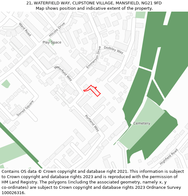 21, WATERFIELD WAY, CLIPSTONE VILLAGE, MANSFIELD, NG21 9FD: Location map and indicative extent of plot