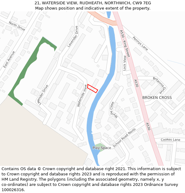 21, WATERSIDE VIEW, RUDHEATH, NORTHWICH, CW9 7EG: Location map and indicative extent of plot