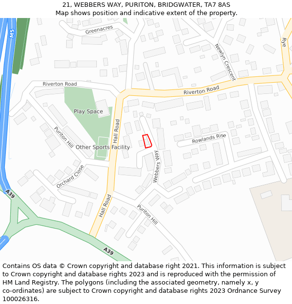 21, WEBBERS WAY, PURITON, BRIDGWATER, TA7 8AS: Location map and indicative extent of plot