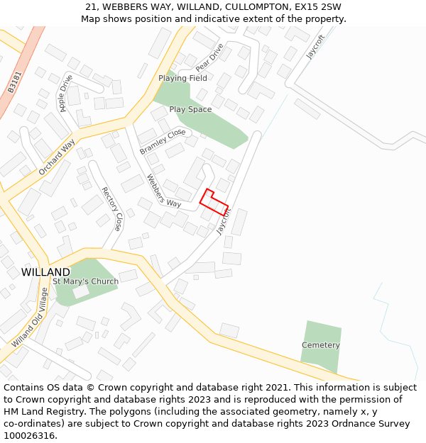 21, WEBBERS WAY, WILLAND, CULLOMPTON, EX15 2SW: Location map and indicative extent of plot