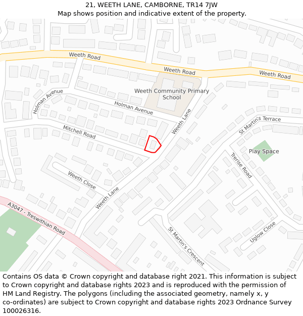 21, WEETH LANE, CAMBORNE, TR14 7JW: Location map and indicative extent of plot