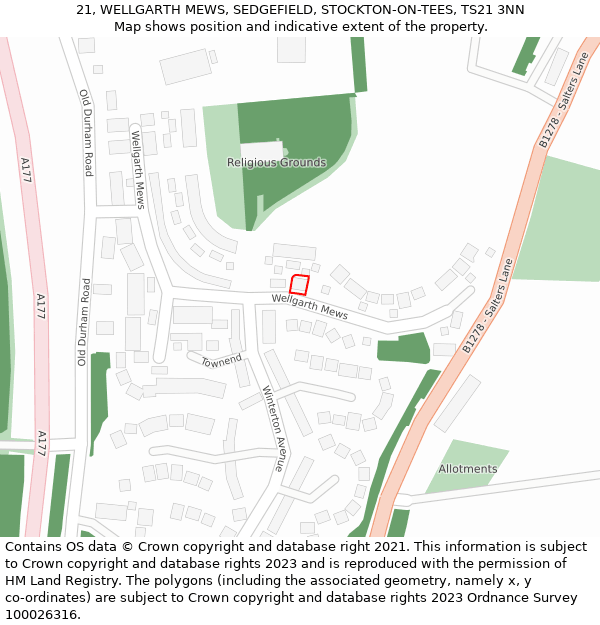 21, WELLGARTH MEWS, SEDGEFIELD, STOCKTON-ON-TEES, TS21 3NN: Location map and indicative extent of plot