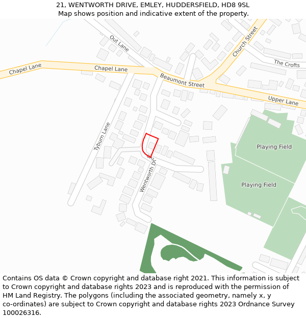 21, WENTWORTH DRIVE, EMLEY, HUDDERSFIELD, HD8 9SL: Location map and indicative extent of plot