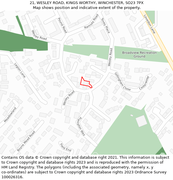 21, WESLEY ROAD, KINGS WORTHY, WINCHESTER, SO23 7PX: Location map and indicative extent of plot