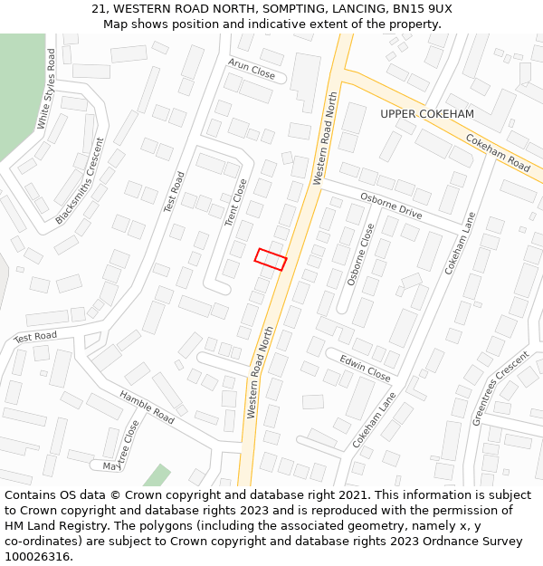 21, WESTERN ROAD NORTH, SOMPTING, LANCING, BN15 9UX: Location map and indicative extent of plot