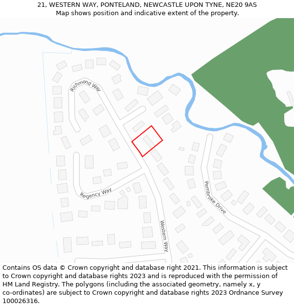 21, WESTERN WAY, PONTELAND, NEWCASTLE UPON TYNE, NE20 9AS: Location map and indicative extent of plot