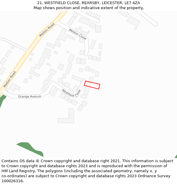 21, WESTFIELD CLOSE, REARSBY, LEICESTER, LE7 4ZA: Location map and indicative extent of plot