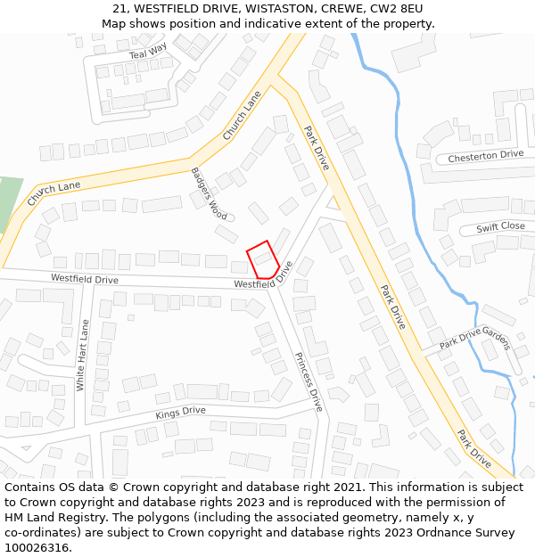 21, WESTFIELD DRIVE, WISTASTON, CREWE, CW2 8EU: Location map and indicative extent of plot