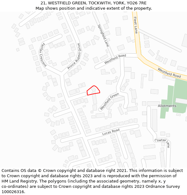 21, WESTFIELD GREEN, TOCKWITH, YORK, YO26 7RE: Location map and indicative extent of plot