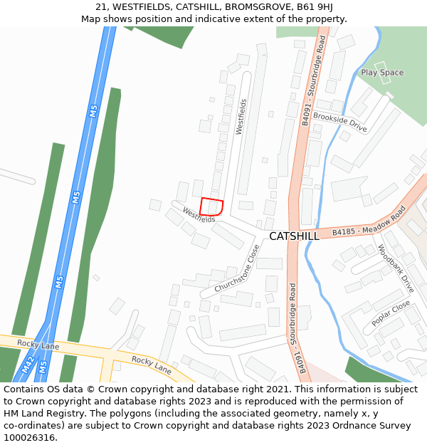 21, WESTFIELDS, CATSHILL, BROMSGROVE, B61 9HJ: Location map and indicative extent of plot